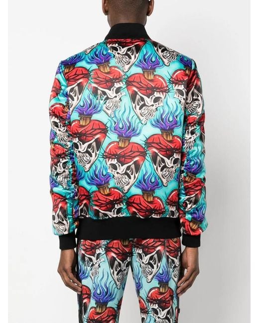Philipp Plein Blue Tattoo-Motif Embroidered Bomber Jacket for men