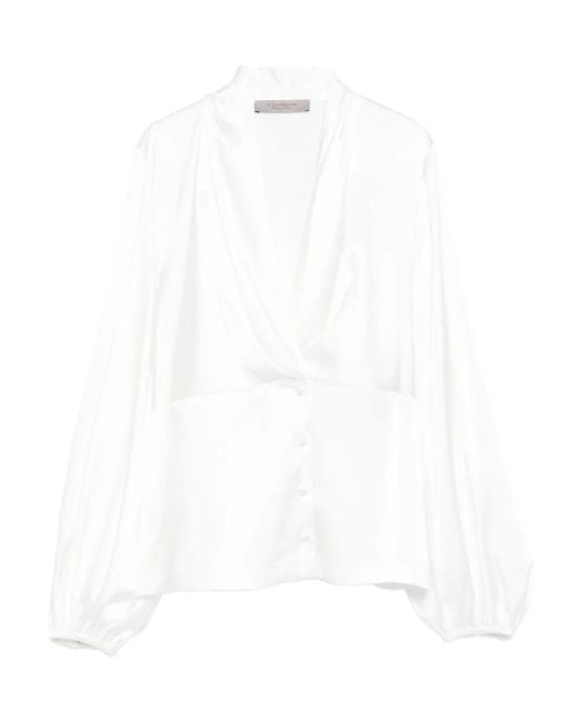 D.exterior White Balloon-Sleeve Button Top