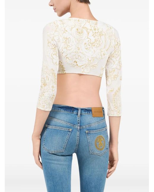Roberto Cavalli White Paisley-Print Logo-Plaque Top