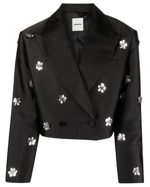 Sandro Black Flower-embellished Cropped Blazer