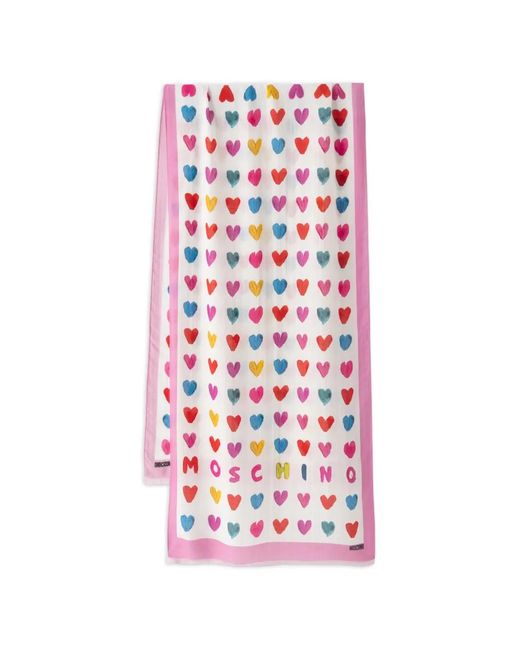Moschino White Heart-Print Logo-Print Scarf
