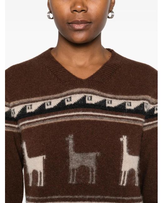 Seafarer Brown Llama-Pattern V-Neck Sweater