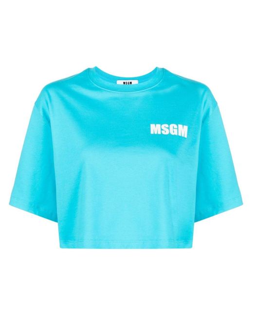 T-shirt crop en coton à logo imprimé MSGM en coloris Blue