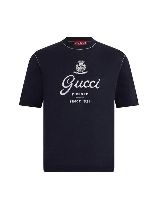 Gucci Blue Logo-Intarsia Short-Sleeve Sweater for men