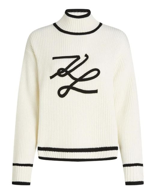 Karl Lagerfeld White Logo-Embroidered Ribbed Knit Sweater
