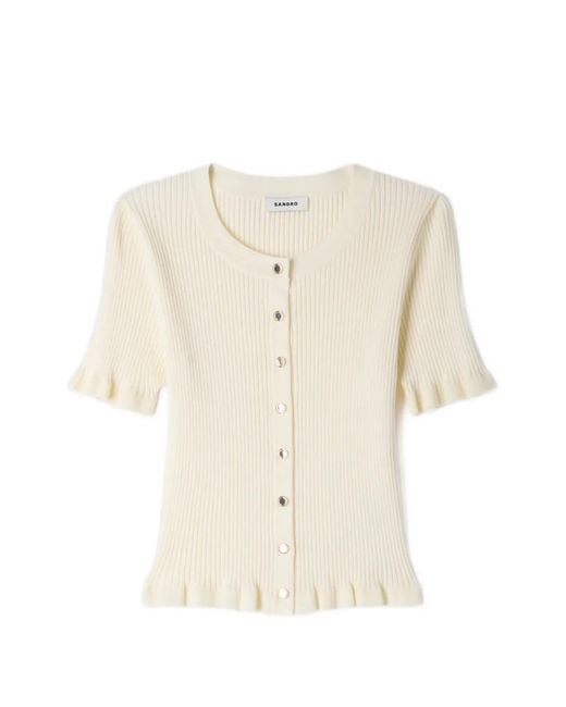 Sandro White Ruffle-Trim Ribbed-Knit Cardigan