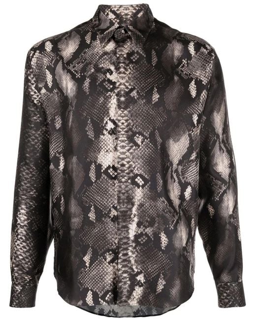 Roberto Cavalli Black Snakeskin-Print Silk Shirt for men