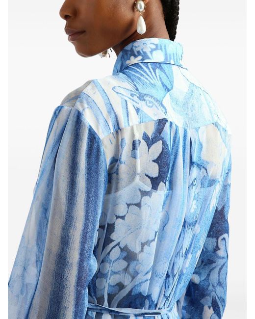 Erdem Blue Pleated Tapestry-print Gown