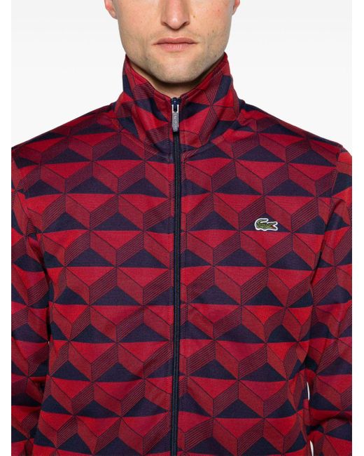 Lacoste Red Zip-up Geometric-jacquard Sweatshirt