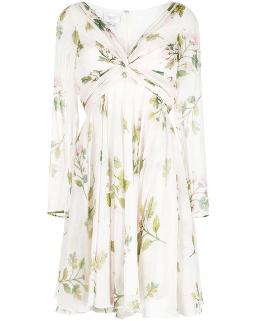 Giambattista Valli White Gathered Floral-Print Silk Dress