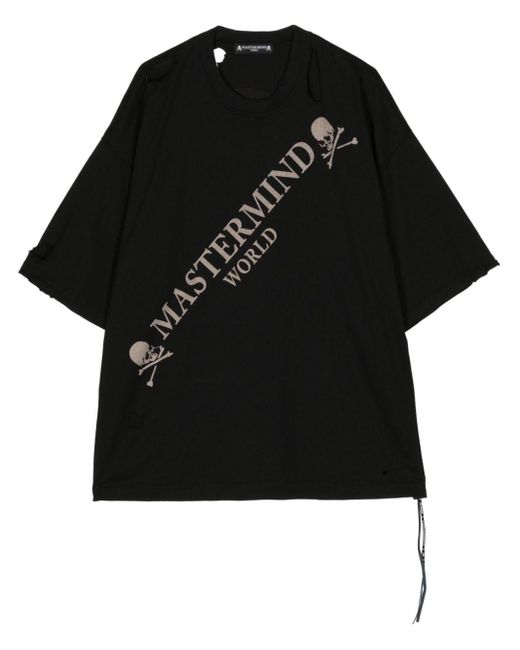 MASTERMIND WORLD Black Distressed-effect Cotton T-shirt for men