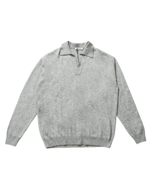 Auralee Gray Fine-Knit Polo-Collar Sweater