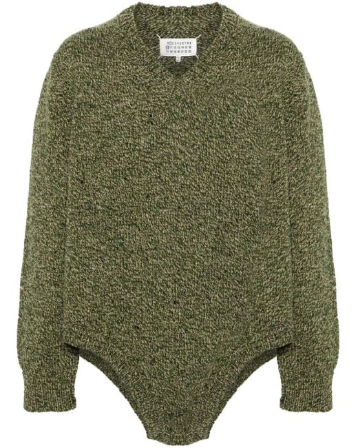 Maison Margiela Green V-neck Marl-knit Bodysuit for men