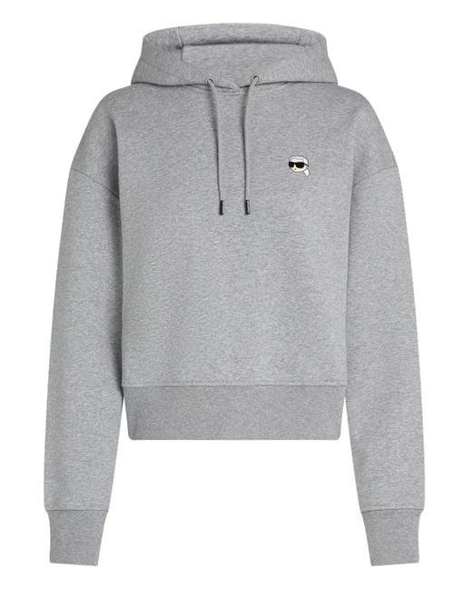 Karl Lagerfeld Gray Ikon-Patch Cropped Hoodie