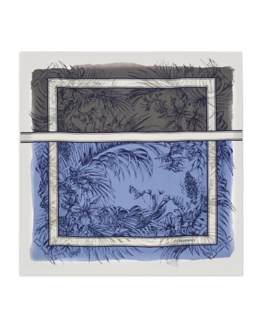 Ferragamo Blue Gravure Print Silk Scarf