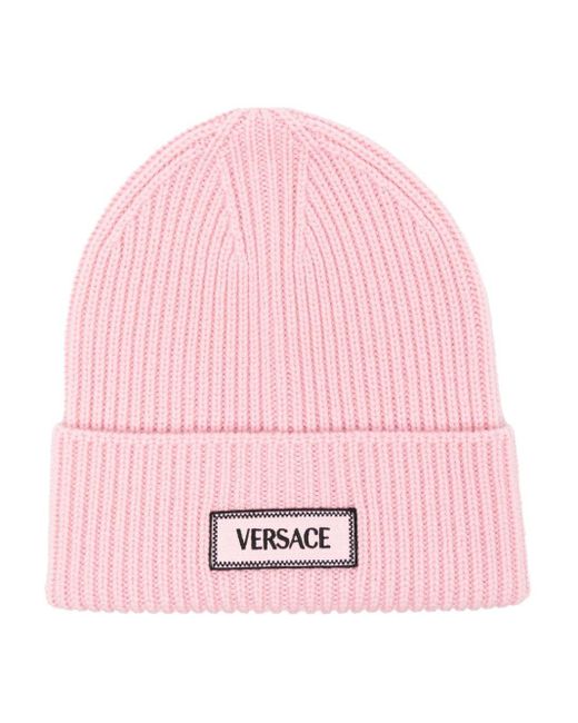 Versace Pink Logo-patch Ribbed Beanie