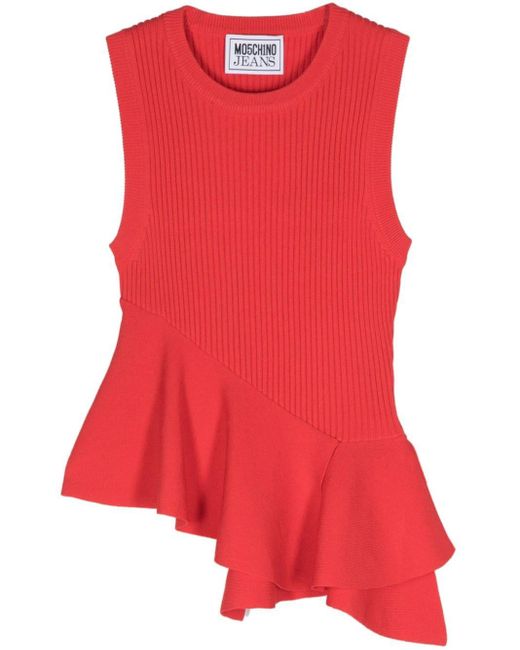 Ribbed-knit peplum-hem top di Moschino Jeans in Red