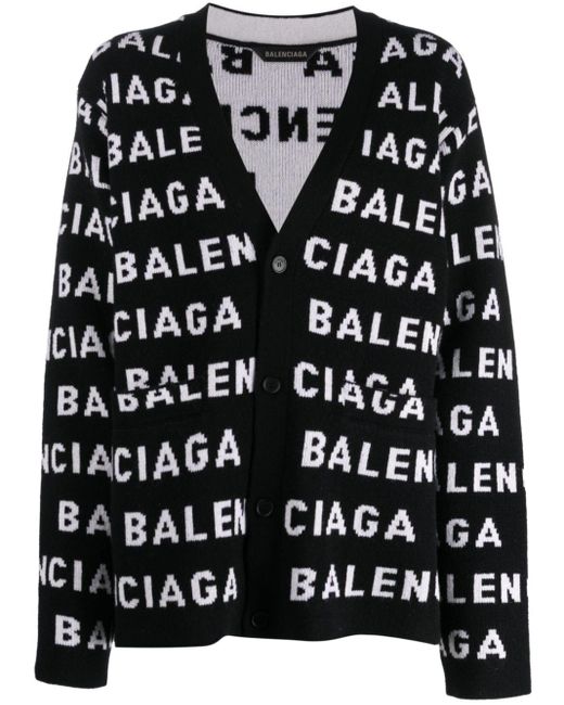 Balenciaga Black Cardigan mit Intarsien-Logo