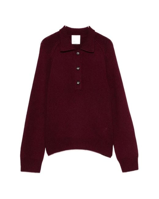 Allude Red Button-Up Polo-Collar Sweater