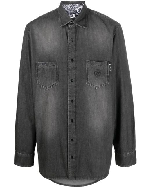 Philipp Plein Gray Rhinestone Skull-Print Denim Shirt for men