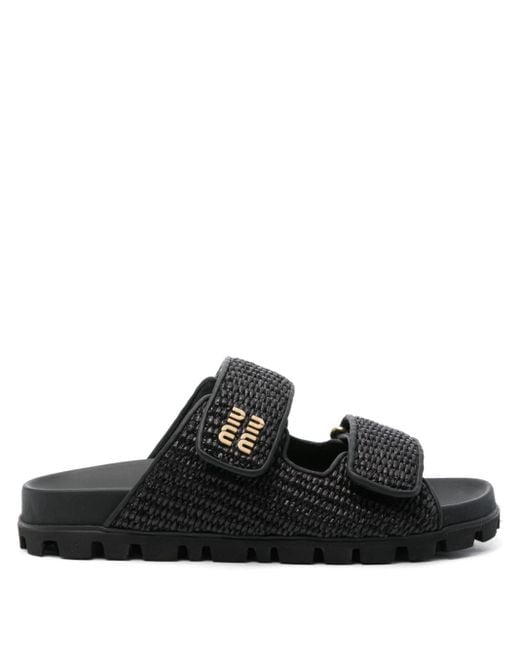 Miu Miu Black Logo Raffia-Effect Sandals
