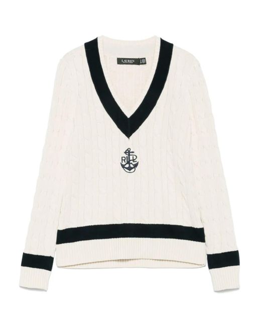 Ralph Lauren White Pullover Mit Zopfmuster