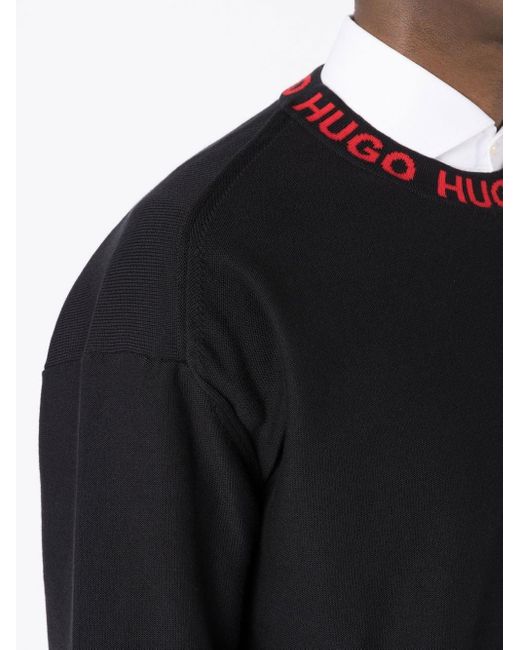 HUGO Blue Logo-collar Fine Knit Cotton Jumper for men