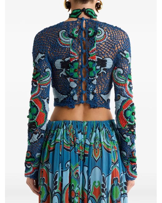 Etro Blue Cropped Cotton Sweater With Crochet-Effect Floral Motif