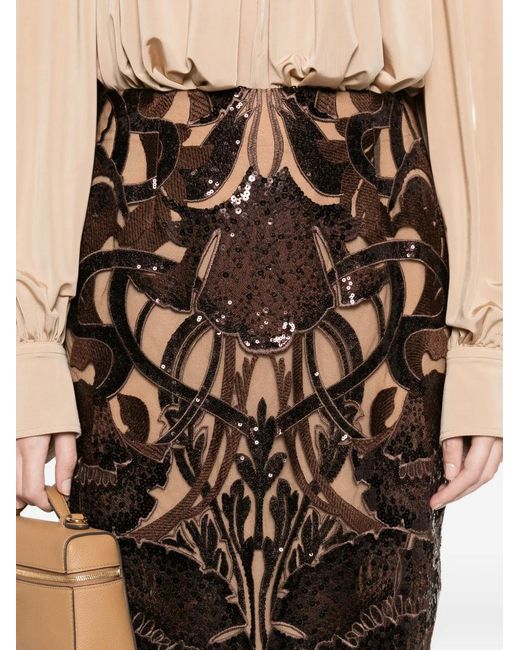 Elie Saab Brown Sequin Floral Midi Skirt