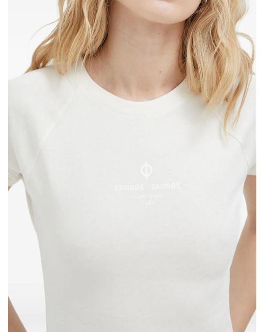 Samsøe & Samsøe Blue Raglan-Sleeved Logo-Print T-Shirt