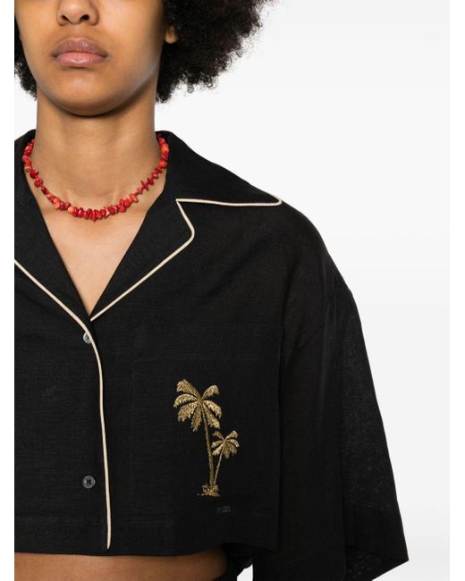 Palm Angels Black Cropped Linen Bowling Shirt