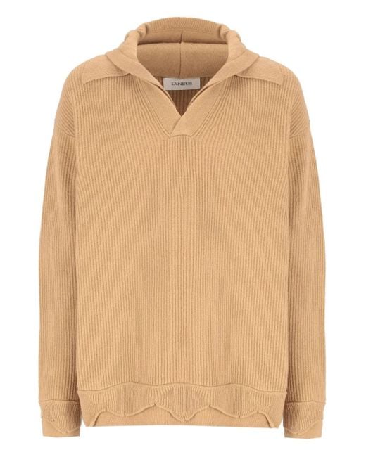Laneus Natural Hooded Ribbed Knit Sweater for men