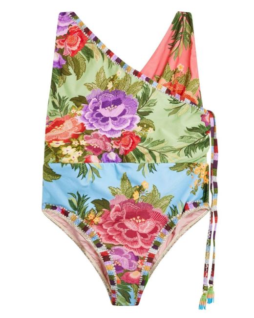 Farm Rio Green Floral-print Draped Swimsuit