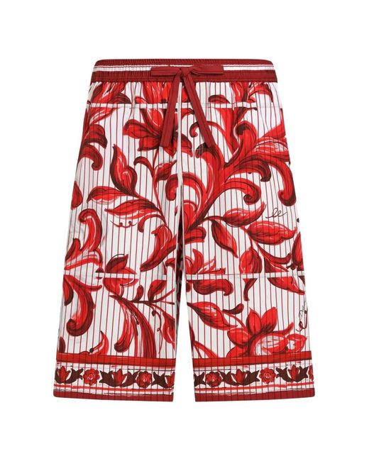 Dolce & Gabbana Red Majolica-Print Striped Poplin Vanity Bermudas for men
