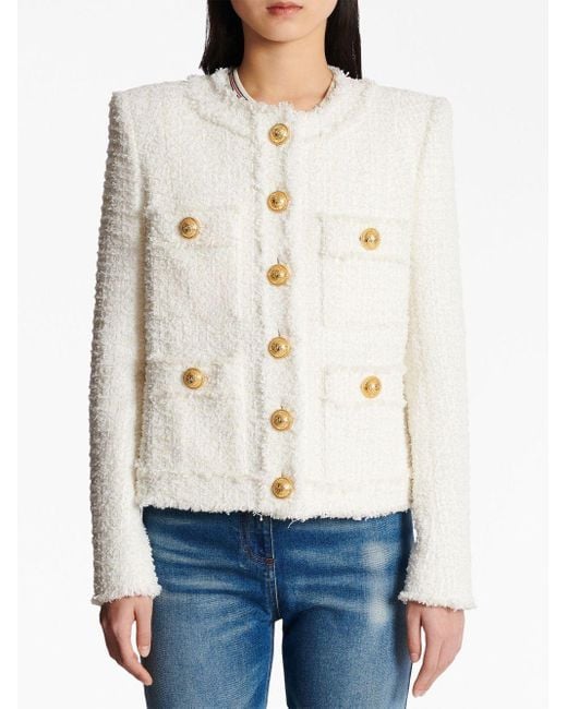 Balmain White Collarless 4 Pockets Tweed Jacket, Long Sleeves, , 100% Cotton