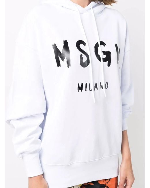MSGM White Logo-Print Cotton Hoodie