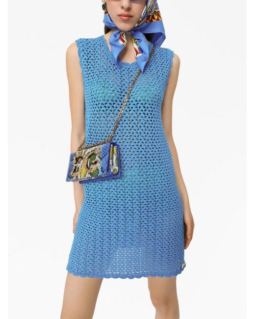 Dolce & Gabbana Blue Short Sleeveless Crochet Dress