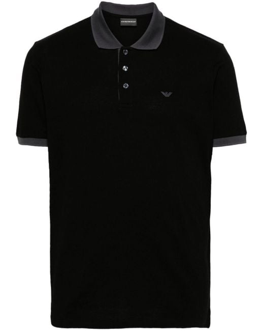 Emporio Armani Logo-embroidered Cotton Polo Shirt in het Black voor heren