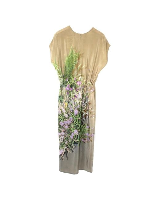 Anntian Green Floral-Print Drawstring Silk Midi Dress
