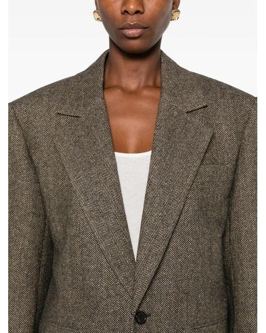 Saint Laurent Brown Herringbone-Pattern Single-Breasted Coat