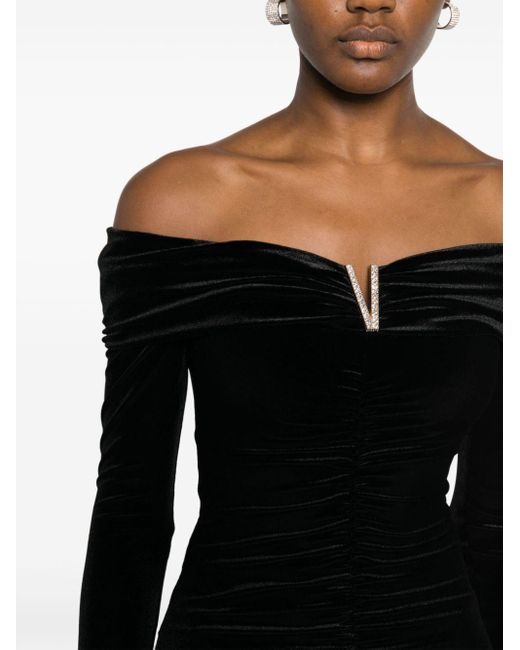 Nissa Black Off-shoulder Velvet Midi Dress