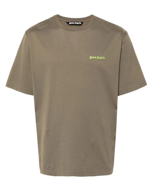Palm Angels Green Embroidered-Logo Cotton T-Shirt for men