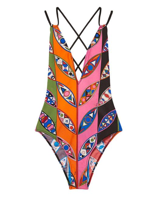 Emilio Pucci Red Abstract Print Criss-cross Back Swimsuit
