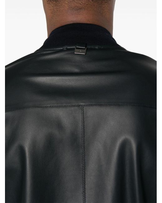 Corneliani Black Leather Bomber Jacket for men