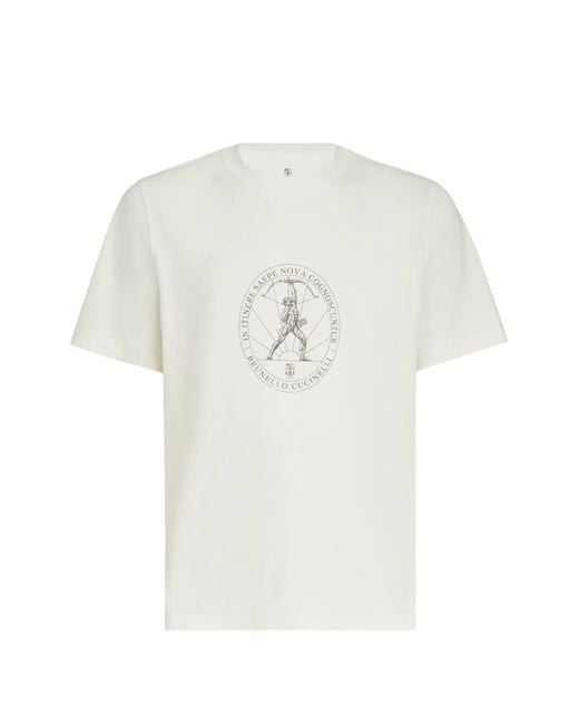 Brunello Cucinelli White T-Shirt À Col Rond En Jersey De Coton Avec Imprimé for men