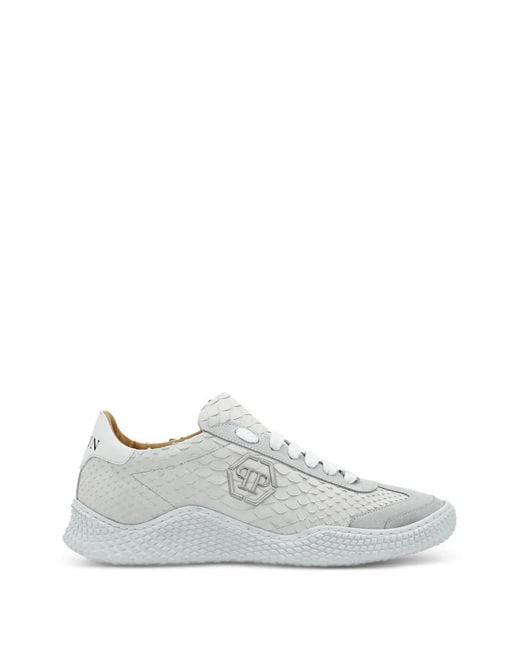 Philipp Plein White Baskets À Empiècements En Peau De Python Et Bords En Daim for men