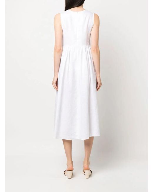 Blanca Vita White Pleated Sleeveless Linen Midi Dress