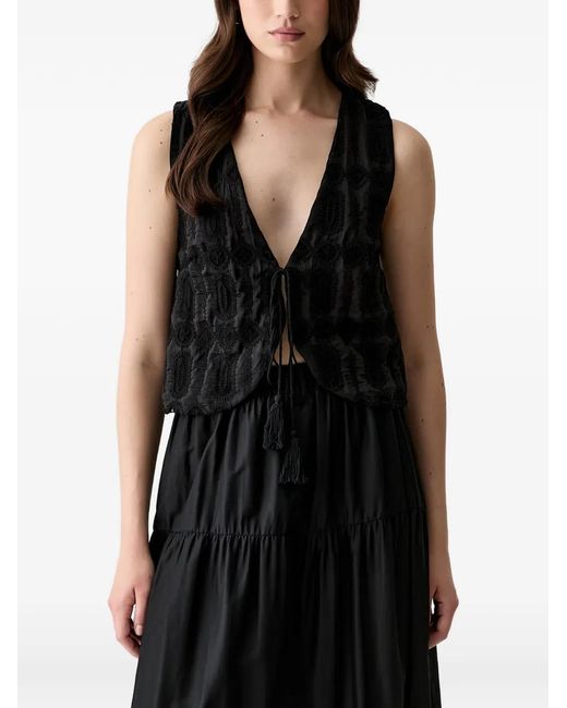Haveone Black Embroidered Tie-Fastening Top