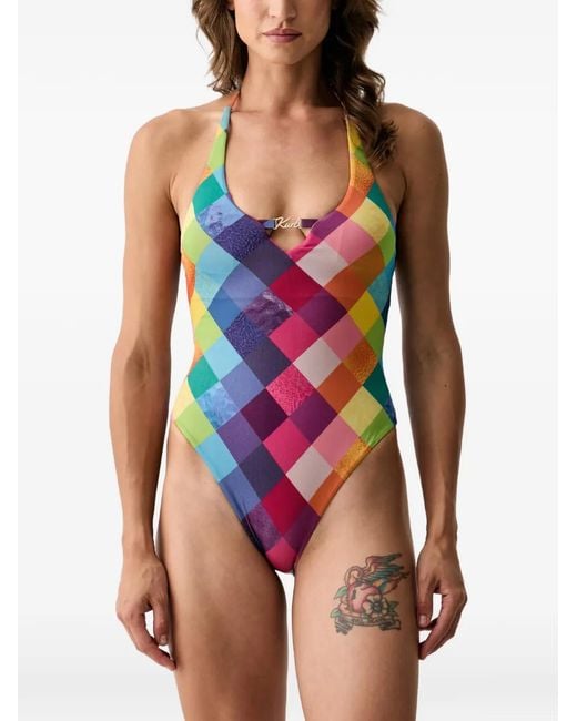 Kurt Geiger Red Check-Print Halterneck Swimsuit