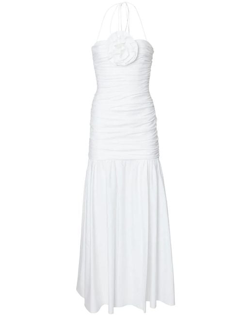 Carolina Herrera White Floral-Appliqué Ruched Maxi Dress